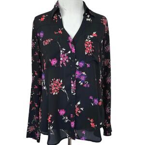 Express Portofino Floral Button Front Blouse Black Sheer Career Top Women Sz S